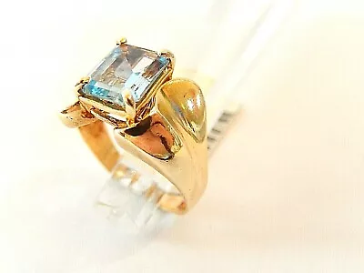 Ladies 14k Yellow Gold 9 X 7mm Natural Emerald Cut Swiss Blue Topaz Ring Sz 8 • $389