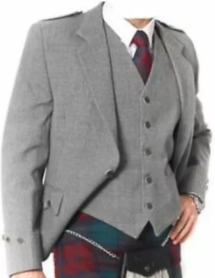 £69.99 • Buy 100% WOOL Argyle Kilt Jacket & Waistcoat/Vest, Scottish Argyle Jacket Light Grey