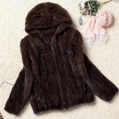 Womens Casual 100% Real Genuine Knitted Mink Fur Hood Coat Jacket Outwear Winter • $129.78