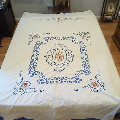 $33 • Buy Vintage Handmade Pink Blue Flower Embroidery Full Double Size Bedspread Cover 