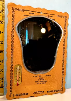 Antique Wall Thermometer & Hanging Mirror Seasons Greetings Cy Pearis Liquour St • $45