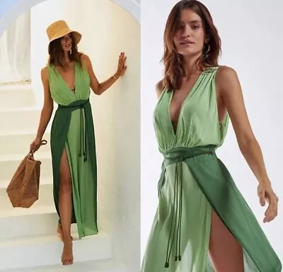 VIX By Paula Hermanny Brigite Detail Long Cover Up Plunge Maxi Dress NWT $298 L • $129