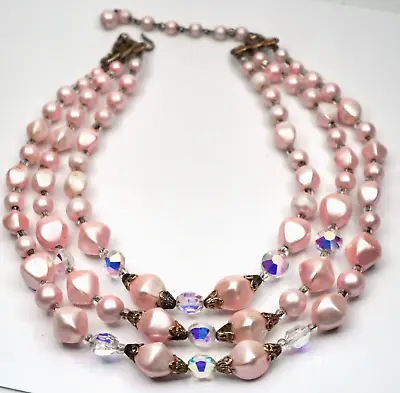 Vintage 1950's Brass Three Strand Pink Pearlized Beads & AB Crystal Necklace 17  • $23.99