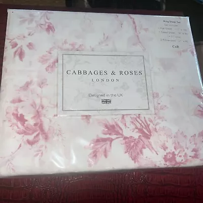 Cabbages And Roses King Sheet Set Aldermey Floral Cotton Percale New  Raspberry • $89.99