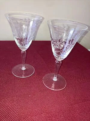 Set Of 2 Wine/Water Goblets With Underwater Scene Etched Vintage • $16.18