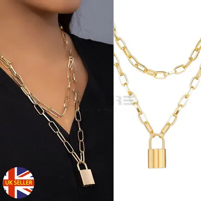 Men Women Gothic Punk Padlock Pendant Double Layered Gold Tone Necklace Jewelry • £4.99