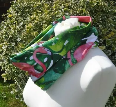 £9.99 • Buy Snood/cowl Scarf In Cotton Palm Leaves And Flamingoes Green Pink White