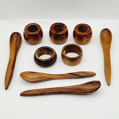 Mid Century Modern Teak Napkin Rings Holders Wood Bonus Spoons Collectibles • $15.84