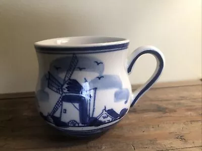 Vintage Hand Painted Delft Blue And White Coffee Cup Windmill And Floral Pattern • $15