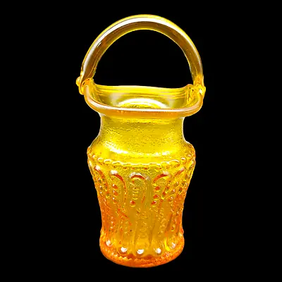 Kanawha Amber Glass Basket Vase - 5  Small Miniature Vtg Gold Yellow Textured • $11.60