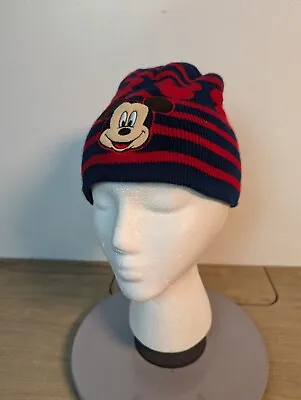 Mickey Mouse Winter Hat Boys Knitted Beanie Blue Red Striped Disney Junior • $9.95