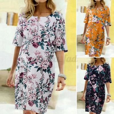 $27.16 • Buy ZANZEA Women Floral Vintage Print Shift Dress Crew Neck Loose Midi Dress Kaftan