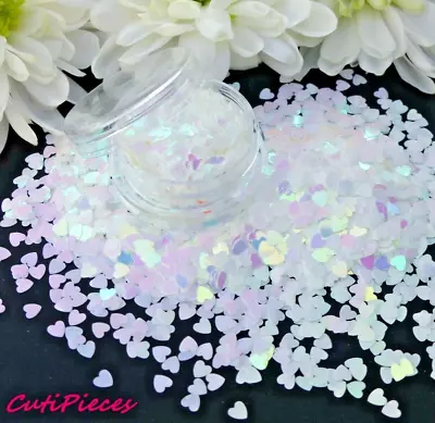 Nail Art Glitter  Unicorn Heart  Pastel White Shimmer Holographic Spangle Pot V6 • £2.35