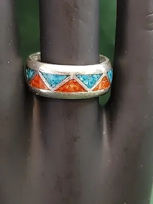 Vintage Silver Navajo Traditional Wedding Band Inlaid Turquoise & Coral Ring 7 • $34.95