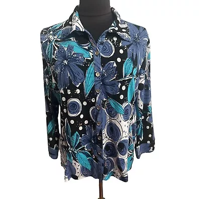 Erin London Blu & Black Print Button Down Long Sleeve Top With Metallic Circular • $14.59