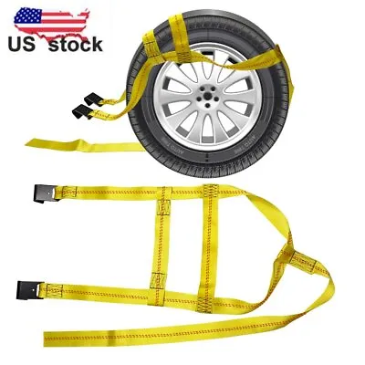 Set Of 2 Car Tire Tow Dolly Straps Basket Strap W/ Flat Hook Heavy Duty Yellow • $36.99