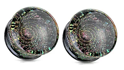 Pair Glitter Galaxy Glass Saddle Plugs Ear Gauges Pyrex 0g 1/2 00g 9/16 5/8 Inch • $20.50