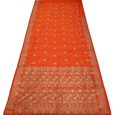 Vintage Orange Sarees Heavy Art Silk Banarasi Hand Beaded Zari Woven Sari Fabric • $51.30