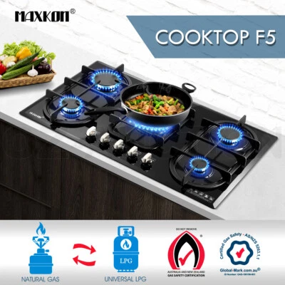 $367.95 • Buy Maxkon 90cm Gas Cooktop 5 Burner Kitchen Gas Stove Black Crystal Glass NG LPG