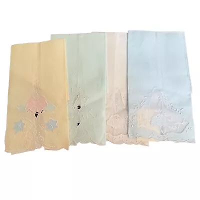 4 Vintage Cotton Organza Linen Napkins Floral Embroidered Portugal Pastel 12x18  • $34.87