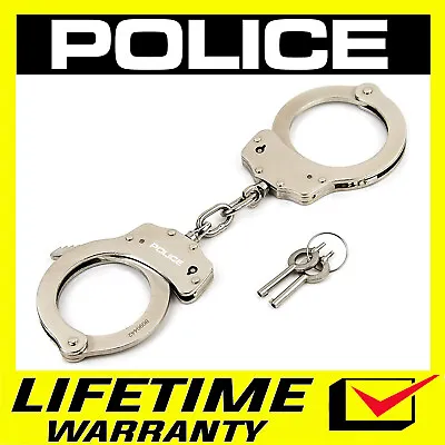 POLICE Professional Double Lock Silver Steel Heavy Duty Handcuffs W/ Keys • $13.75
