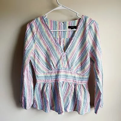 J Crew Rainbow Striped Seersucker V-neck Peplum Blouse Size 0 • $29.99