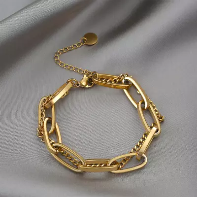 Women 18K Gold Plated Stainless Steel Double Layered Embedded Chain Bracelet • $10.95