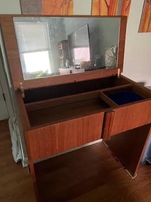 Danish Teak Vanity Table Flip Up Top With Mirror And Storage Makeup Table SM • $795