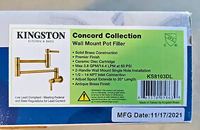 Kingston Brass KS8103DL Wall Mount Pot Filler Kitchen Faucet Antique Brass • $135