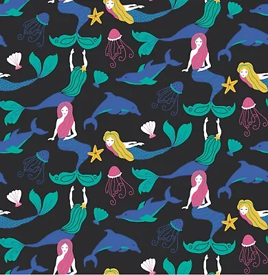 Mermaids & Dolphins - Black Polycotton Printed Novelty Craft Bunting Fabric • £0.99