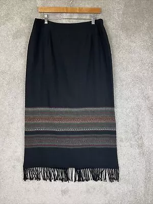 Michele Vintage Skirt Womens 14 Black Wool Blend Maxi Lined Fringe 90s- 9277* • $24.99