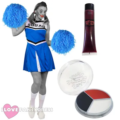 Blue Zombie Cheerleader Costume With Pom Poms Ladies Halloween Fancy Dress • £21.69