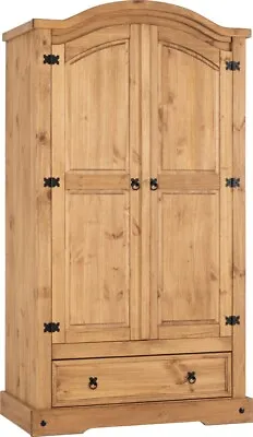 Corona 2 Door 1 Drawer Wardrobe Distressed Waxed Pine Hanging Rail Metal Handles • £241.55