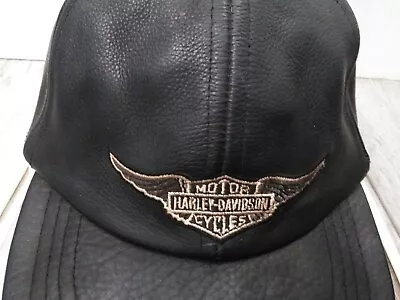 VTG. Harley Davidson Leather Black Hat Cap Adjustable One Size Made In USA • $28.78