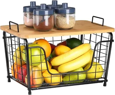 Vegetable Fruit Storage Metal Basket Organizer Bin Bamboo Lid Kitchen Countertop • $25.99