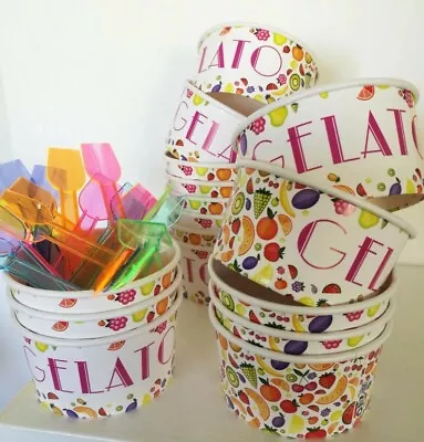 Ice Cream Tubs & Italian Rainbow Spoons X 15 Party Pack BBQ Kit Paper Containers • £14.95