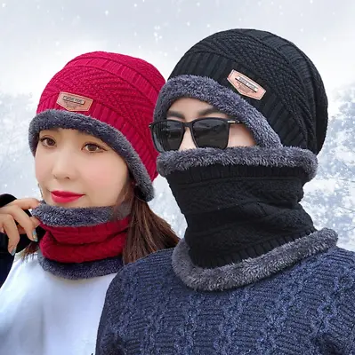 Unisex Beanie Hat Cap Scarf Set Neck Cover Winter Warm Fleece Knitted Thick Ski • £4.54