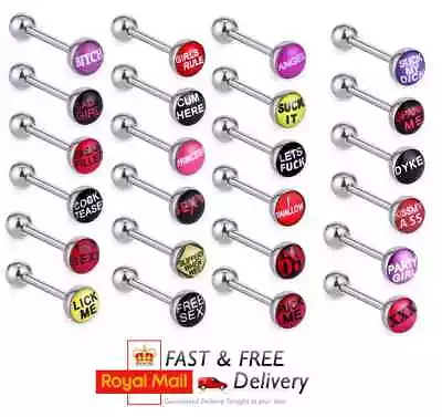 RUDE WORDS Tongue Bar Ring Surgical Stainless Steel Logo 1.6mm Fun Sexy • £2.99