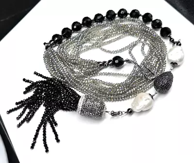 Stunning JOAN BOYCE Heavy Black Glass Gray Crystal Fringe Necklace 36  Repair F2 • $1.25