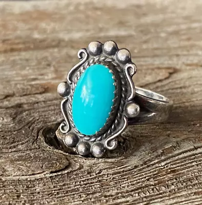 Vintage NAVAJO Blue Turquoise  Sterling Silver Ring Size 7 • $58