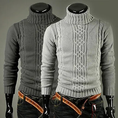 Mens Thick Roll Turtle Neck Pullover Cable Knitted Chunky Winter Warm Jumper Top • £12.65