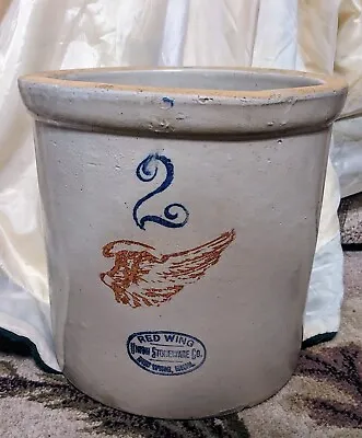 Awesome Original 2 Gallon Red Wing Union Stoneware Crock With 4” Wing Feather • $102.97