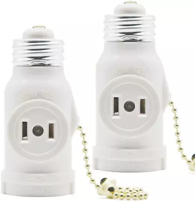 2 Outlet Light Socket Adapter With Pull Chain Switch White Medium Screw 2 Pack • $11.49