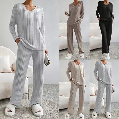 Womens Lounge Wear Tracksuit Ladies Knitted Loose Tops Pants Casual Co-ord Set • £4.29