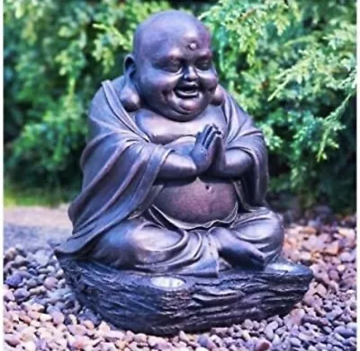 Laughing Buddha With Solar Ultra Bright LED Lights Garden Decor Bronze Effect • £35