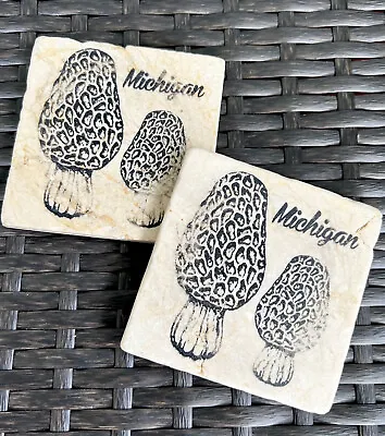 Set Of 2 Marble Tumbled Coasters Morel Mushrooms Michigan 4  X 4  • $24