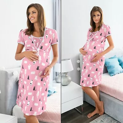 Nightdress Maternity Pregnancy Breastfeeding Nursing Nightie Pink Nightshirt • £14.99