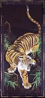 BENGAL TIGER / Original Vintage Asian Gouache Painting On Silk 42  X 19  Framed • $450