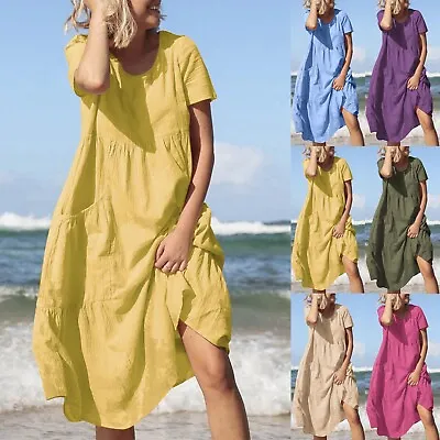 $39.09 • Buy Women's Cotton Linen Round Neck Short Sleeve Dress Midi Dresses With Pockets AU