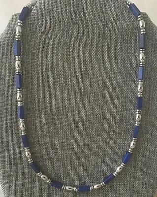 Men's Women's Silver Magnetic Hematite Necklace 4x13 Blue Lapis Beads Strong! • $40.99
